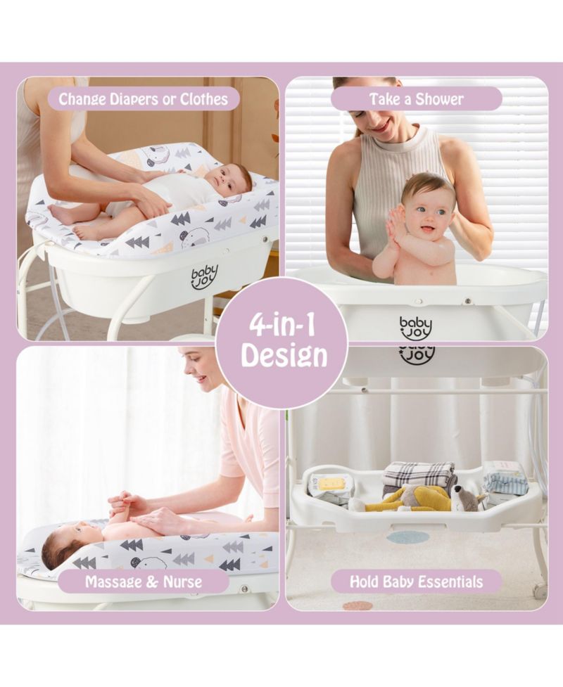 Baby Changing Table with Bathtub, Folding Diaper Station with Wheels