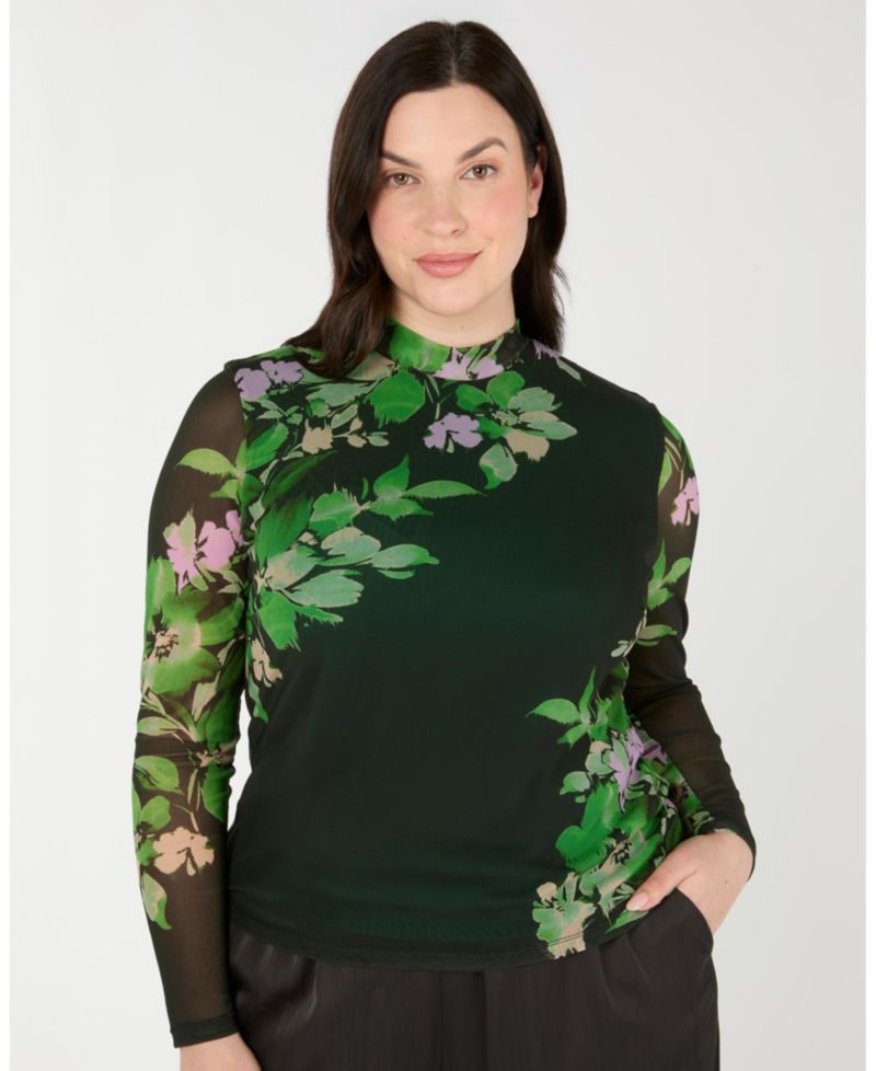 Women's Fiora Floral Sheer Long Sleeve Mock Neck Mesh Top