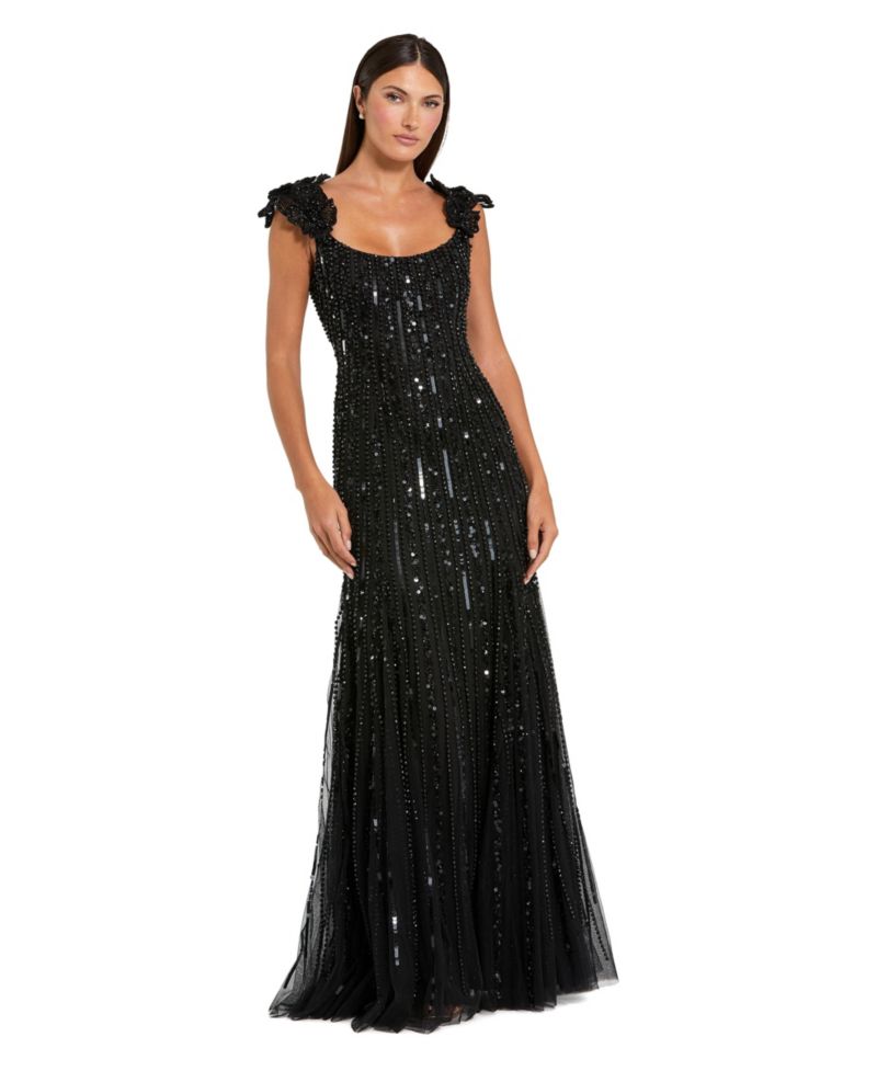Women's Floral Shoulder Sequin Mesh Evening Gown