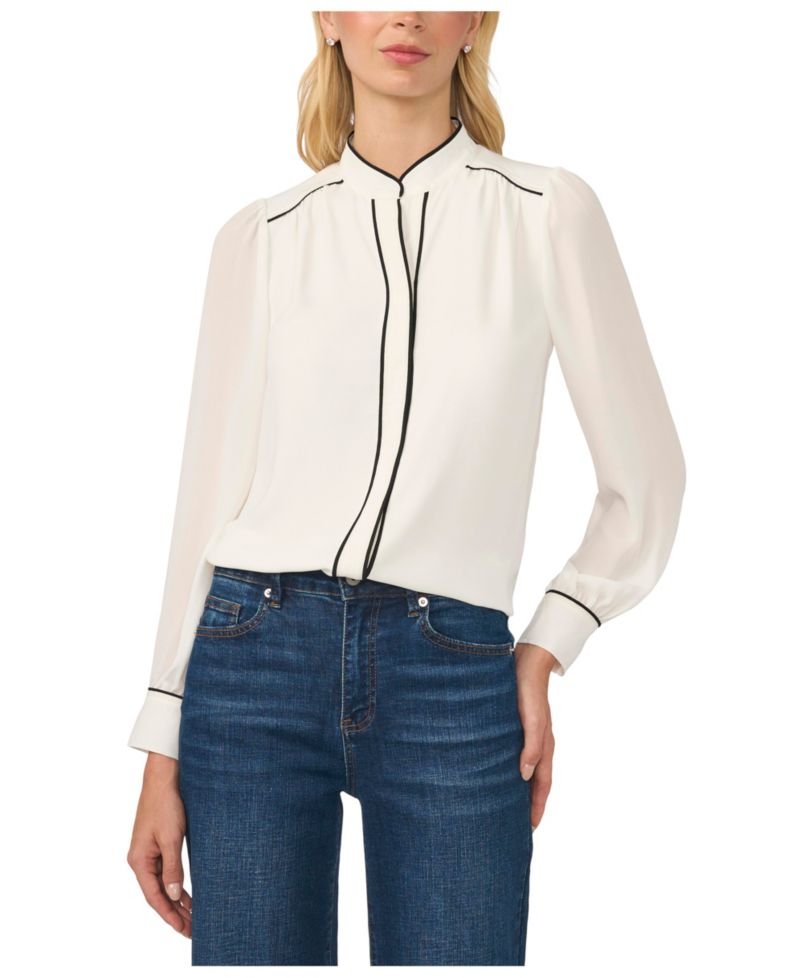 Women's Long-Sleeve Open-Collar Blouse with Contrast Piping
