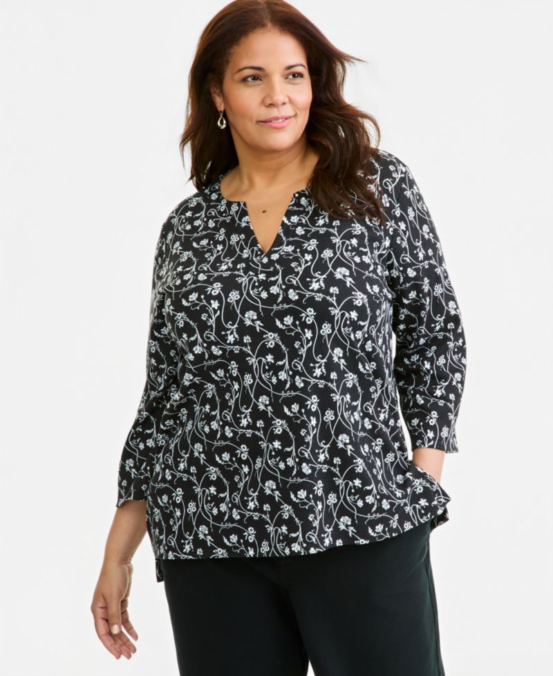 Petite Printed Split Neck 3/4-Sleeve Tunic