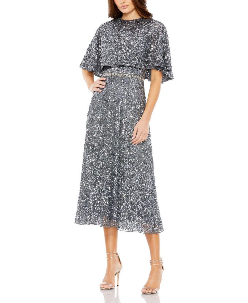 Women's Embellished Cape High Neck Midi Dress