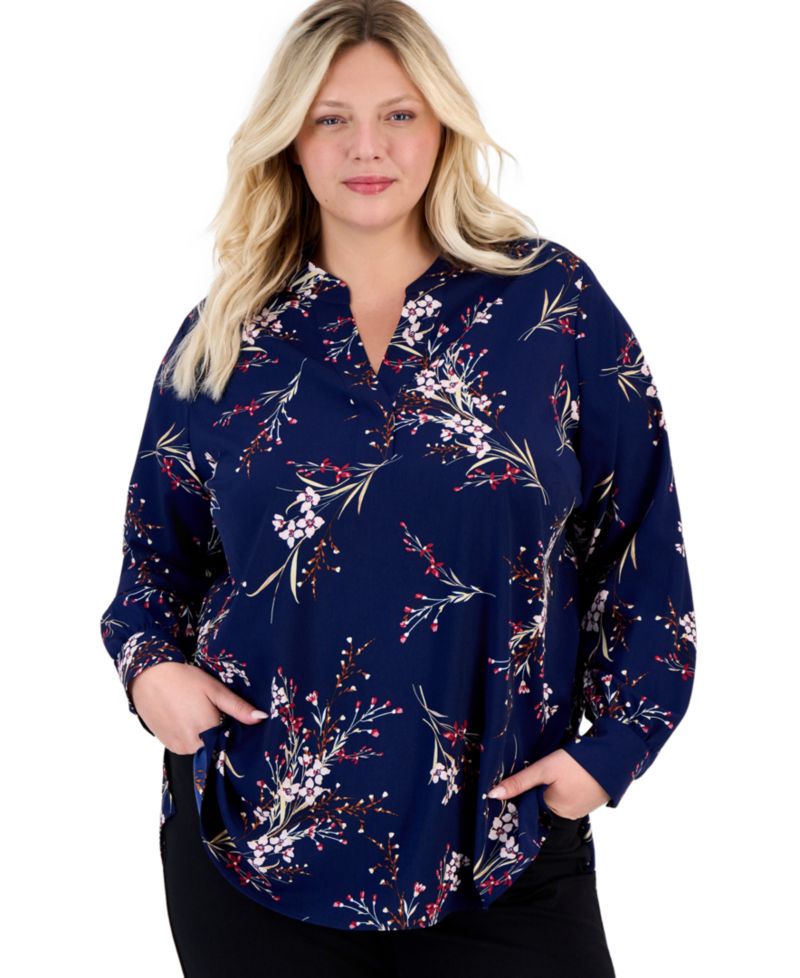 Plus Size Split V-Neck Printed Popover Top