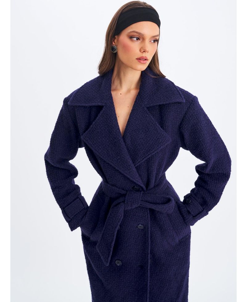 Women Jaelyn Midnight Blue Wool Blend Double-Breasted Belted Coat