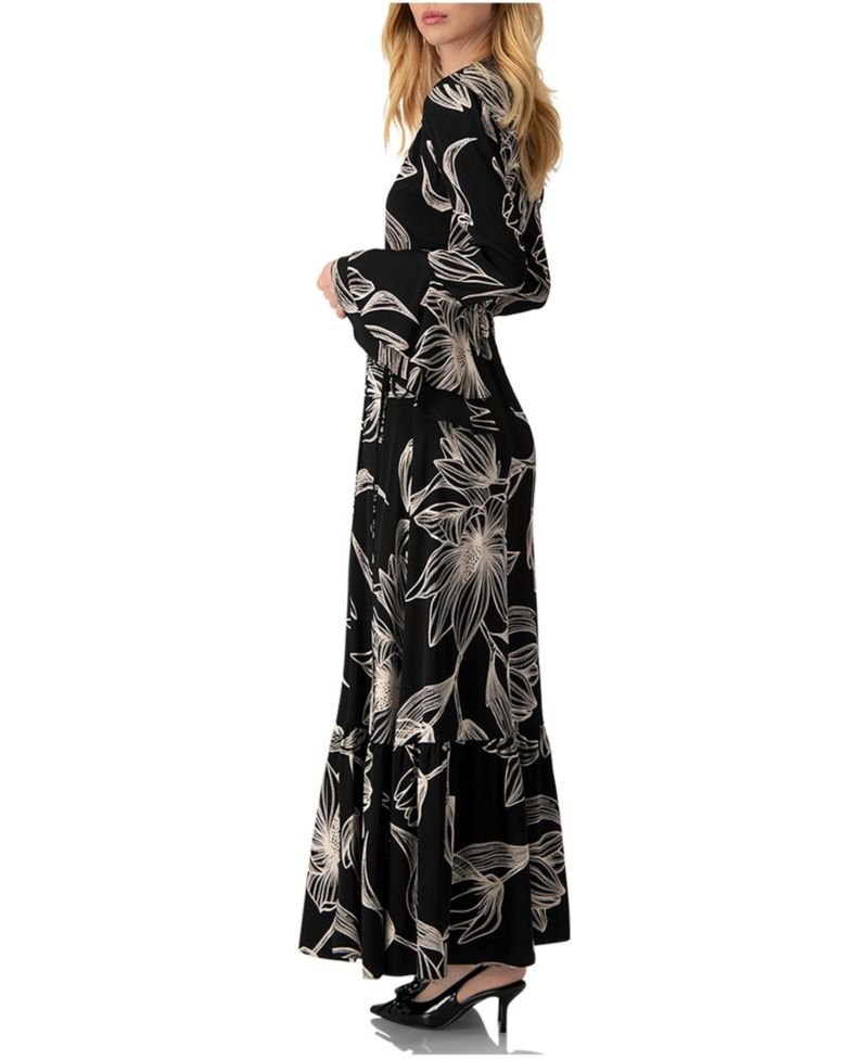 Women's Long Black Dress with Floral Print