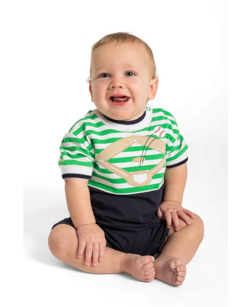 Baby Boy Stripe Knit Shortall With Baseball Field