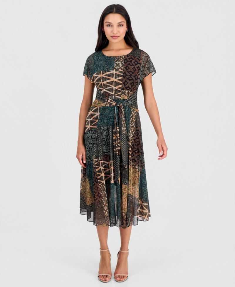 Women's Printed Tie-Front Midi Dress