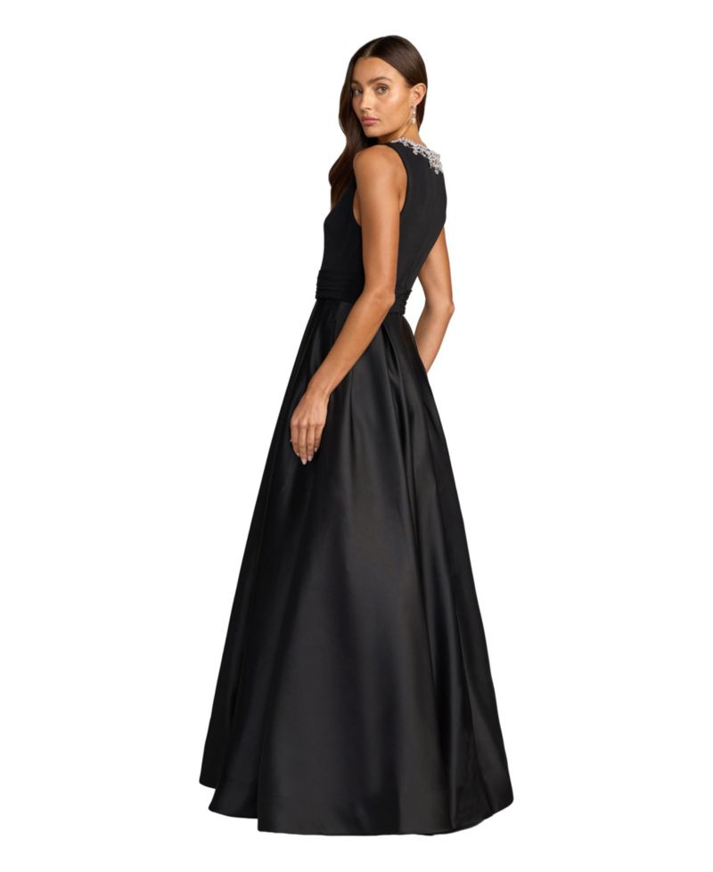 Petite Pearl-Embellished High-Neck Sleeveless A-Line Evening Gown