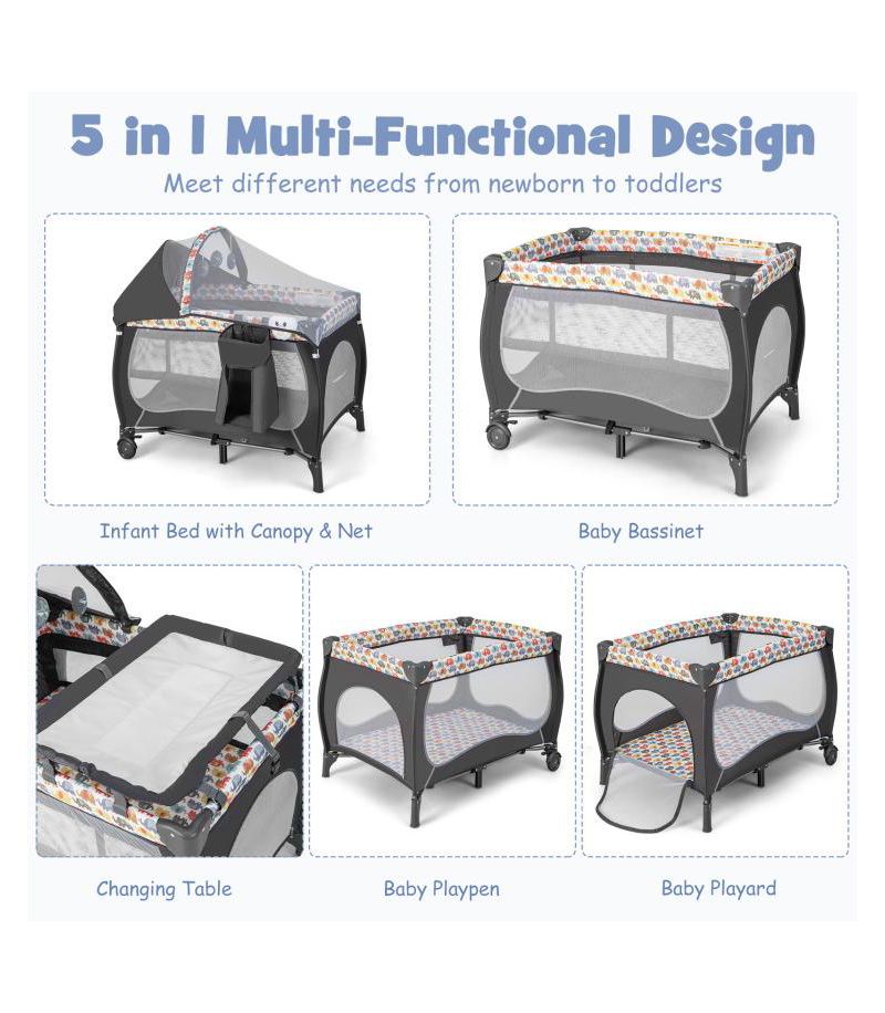 4-in-1 Portable Baby Playard with Bassinet and Adjustable Canopy