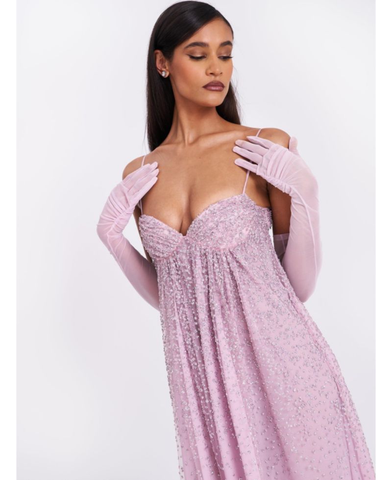Women's Wallie Pink Rhinestone Embellished Mesh Backless Gown