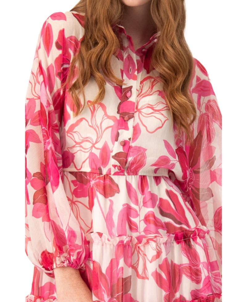 Women's Short Floral Print Shirt Dress with Long Sleeves