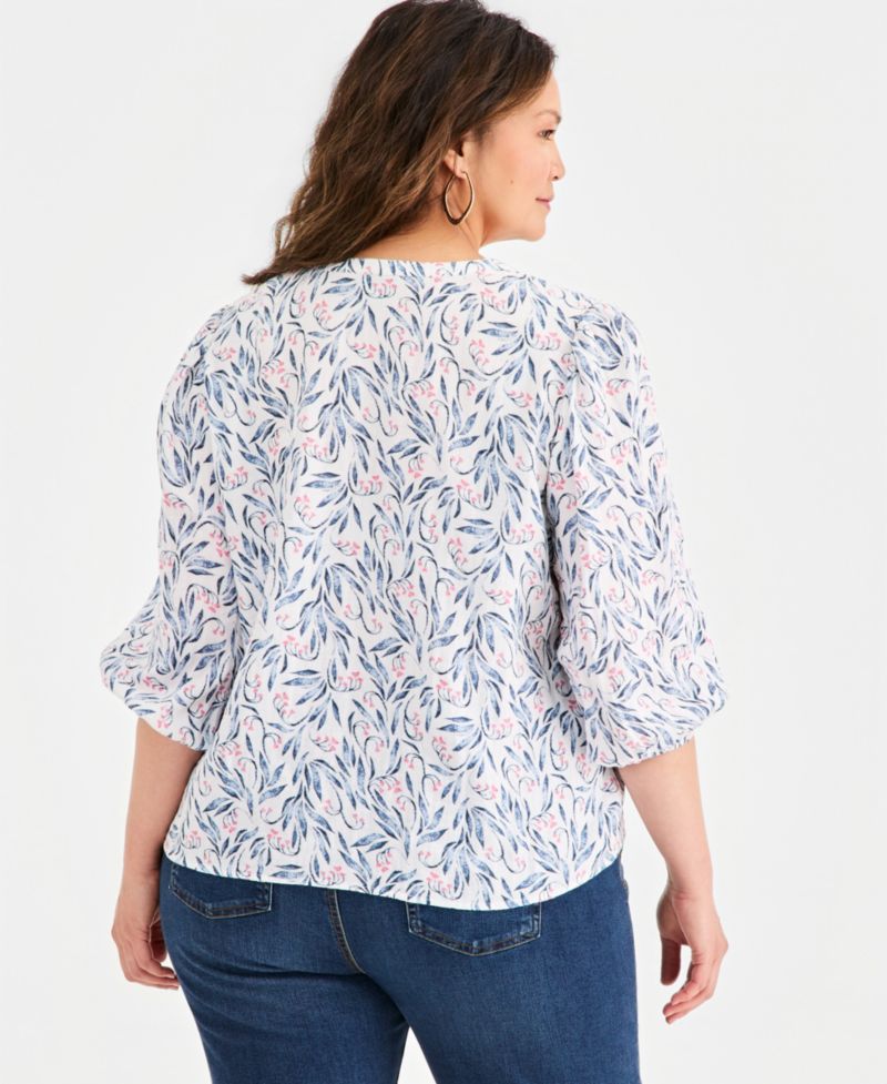 Plus Size Printed Cotton Gauze 3/4-Sleeve Top