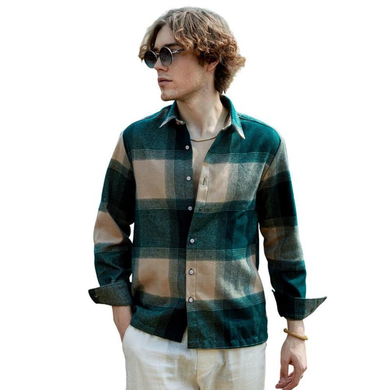 Men's Emerald Green & Buff Beige Vignette-Checkered Oversized Shirt