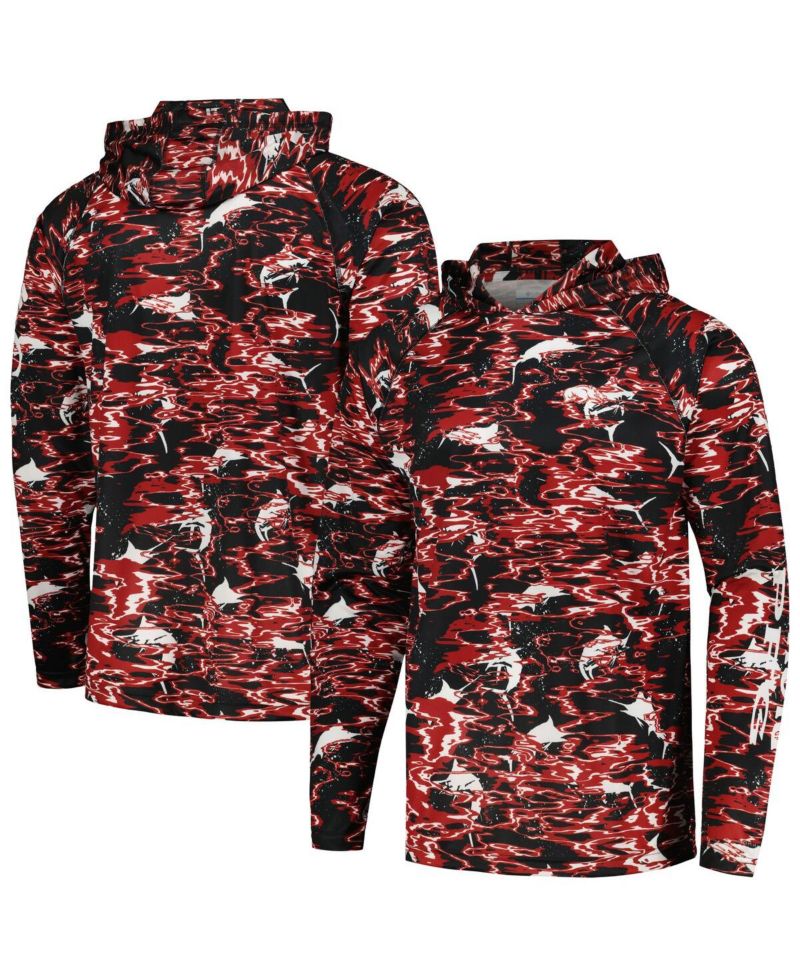 Men's Black Arkansas Razorbacks PFG Terminal Tackle Omni-Shade Rippled Long Sleeve Hooded T-shirt