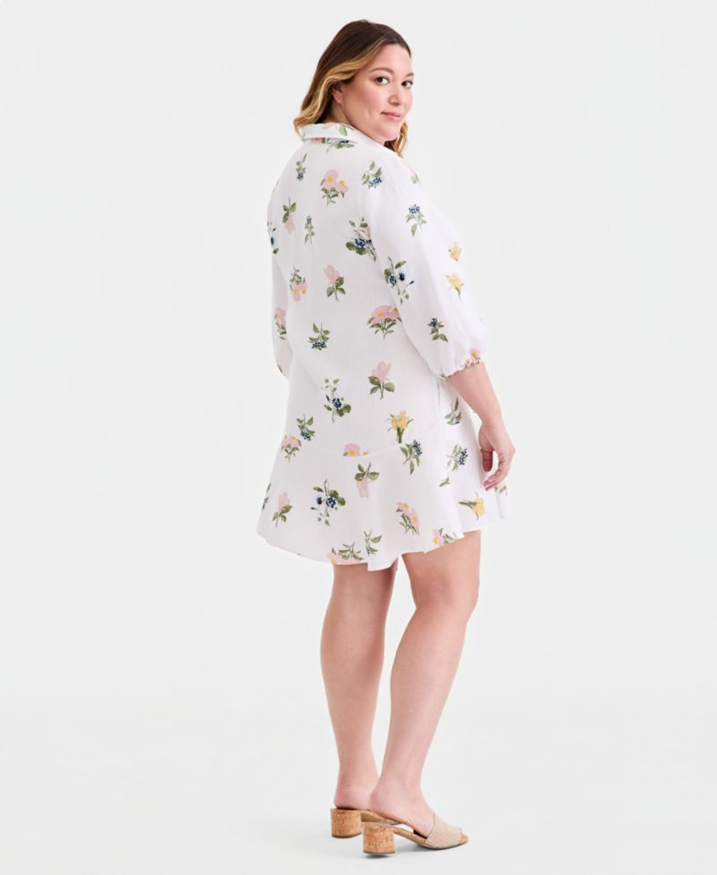 Plus Size 100% Linen Collared Flounce Dress