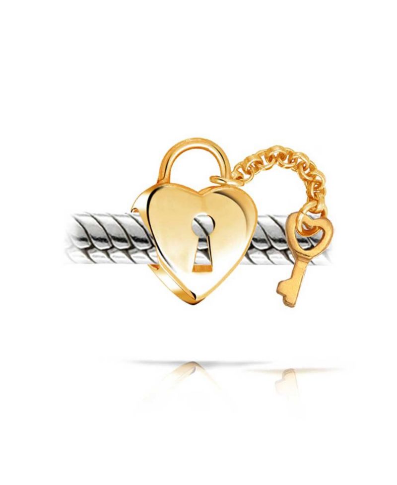 .925 Sterling Silver Heart Shape Lock and Key Charm Bead Two Tone Gold Plated for Bracelet