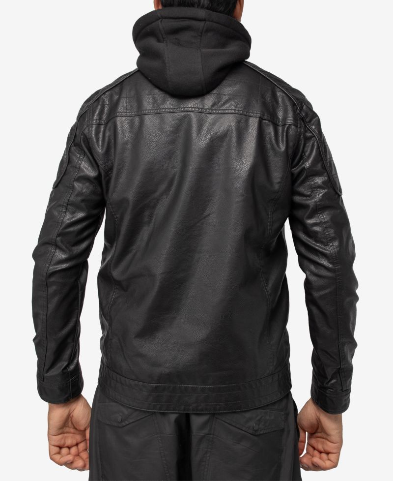 XRAY Men's Grainy PU Leather Hooded Jacket With Faux Shearling Lining