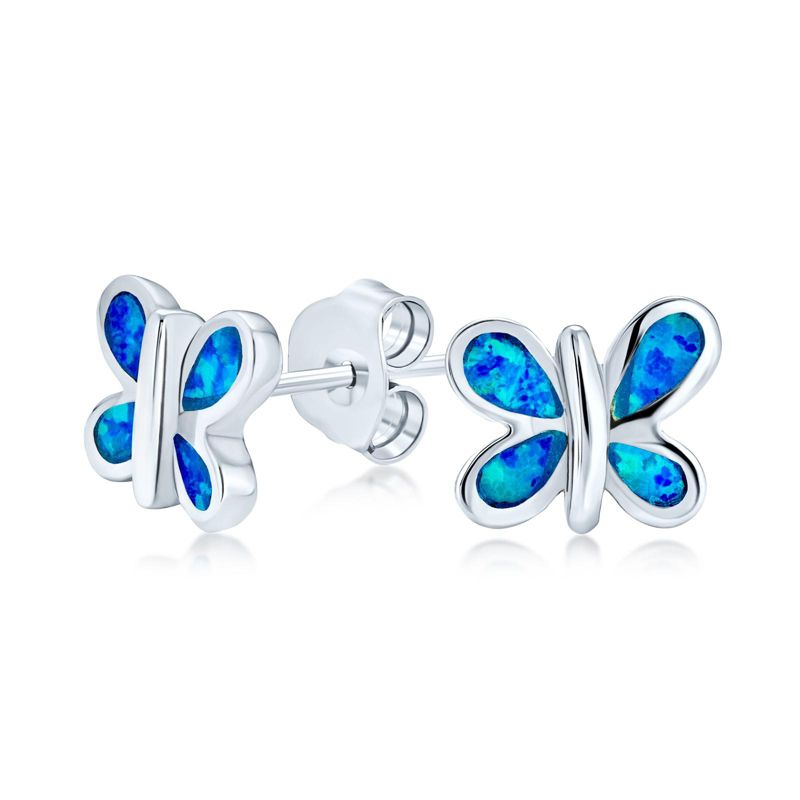 Petite Butterfly Stud Earrings Created Blue Opal Inlay .925 Sterling Silver
