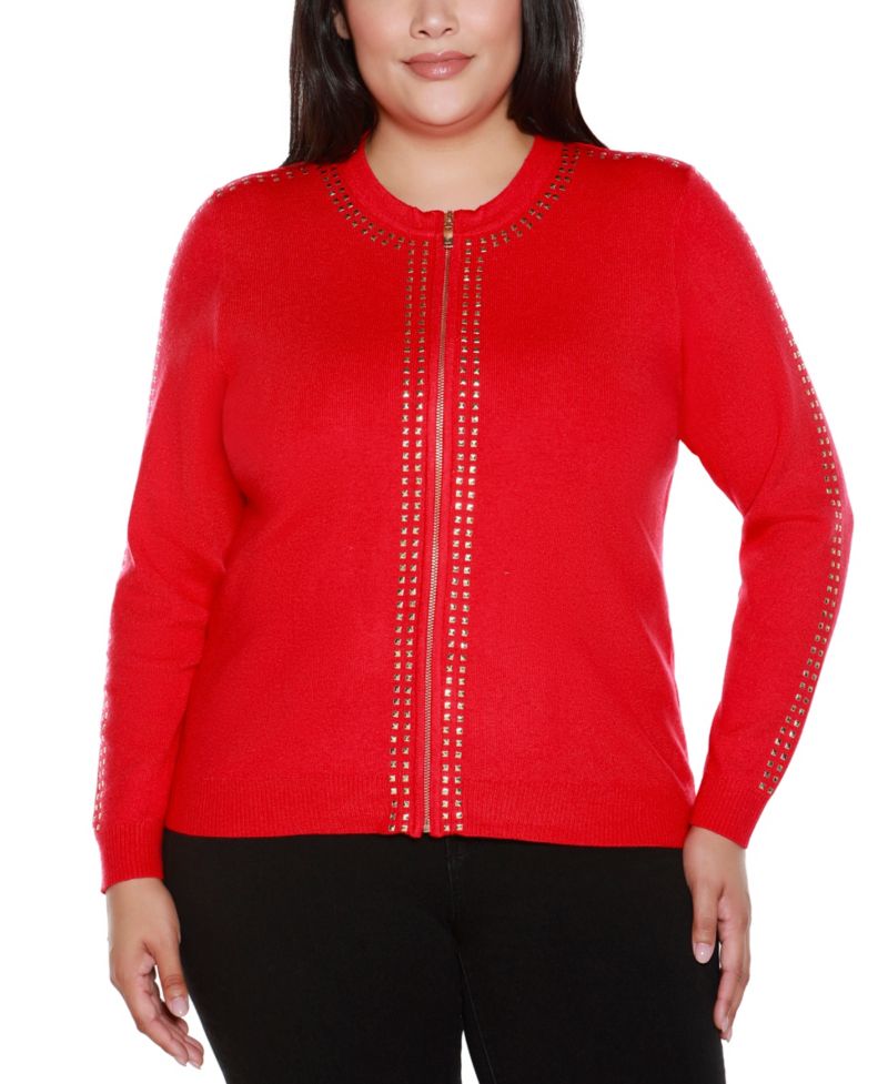 Black Label Plus Size Crewneck Embellished Zip Cardigan Sweater