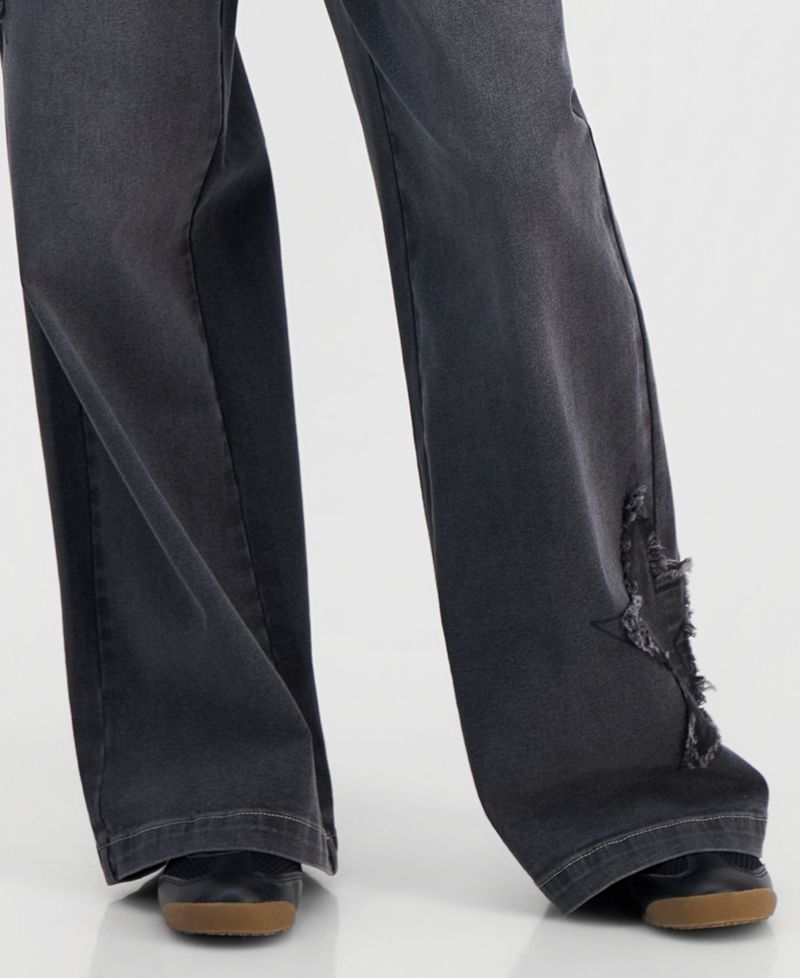 Juniors' Star Patch High Rise Wide Leg Jeans