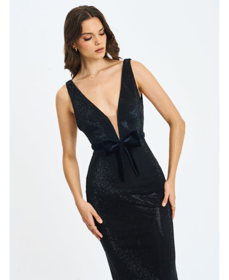 Women Olympia Black Belted Bow Plunging Rhinestone Maxi Dress