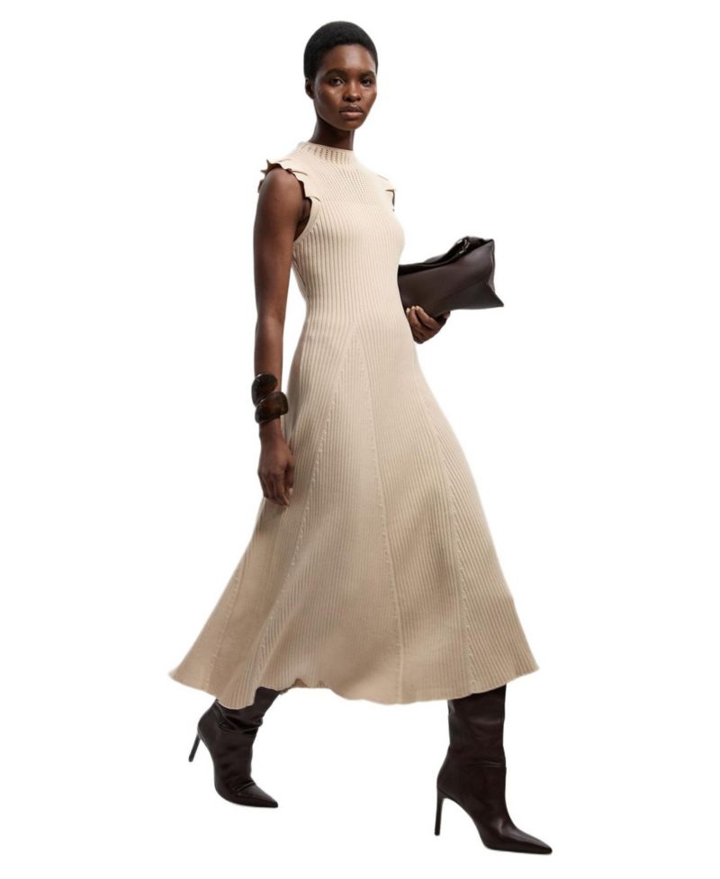 Women's Pointelle Frill Sleeve Knit Midi Dress