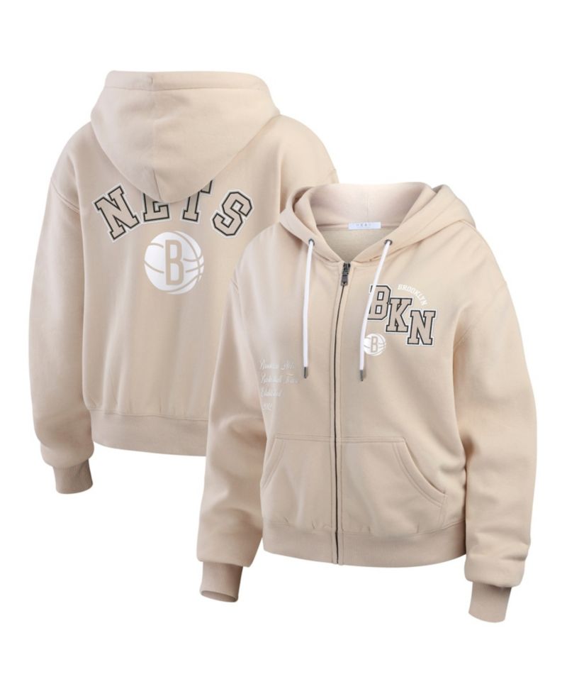 Women's Tan Brooklyn Nets Tonal Felt Patch Full-Zip Hoodie