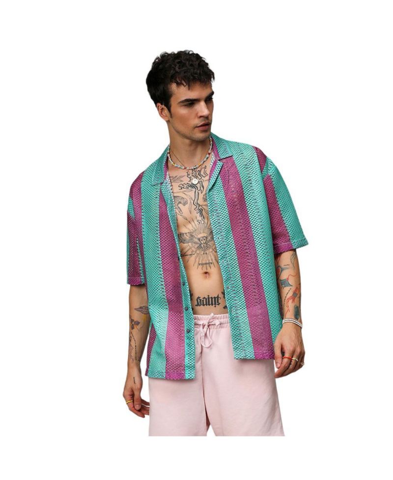 Men's Mint Green & Plum Purple Balanced Striped Oversized Shirt
