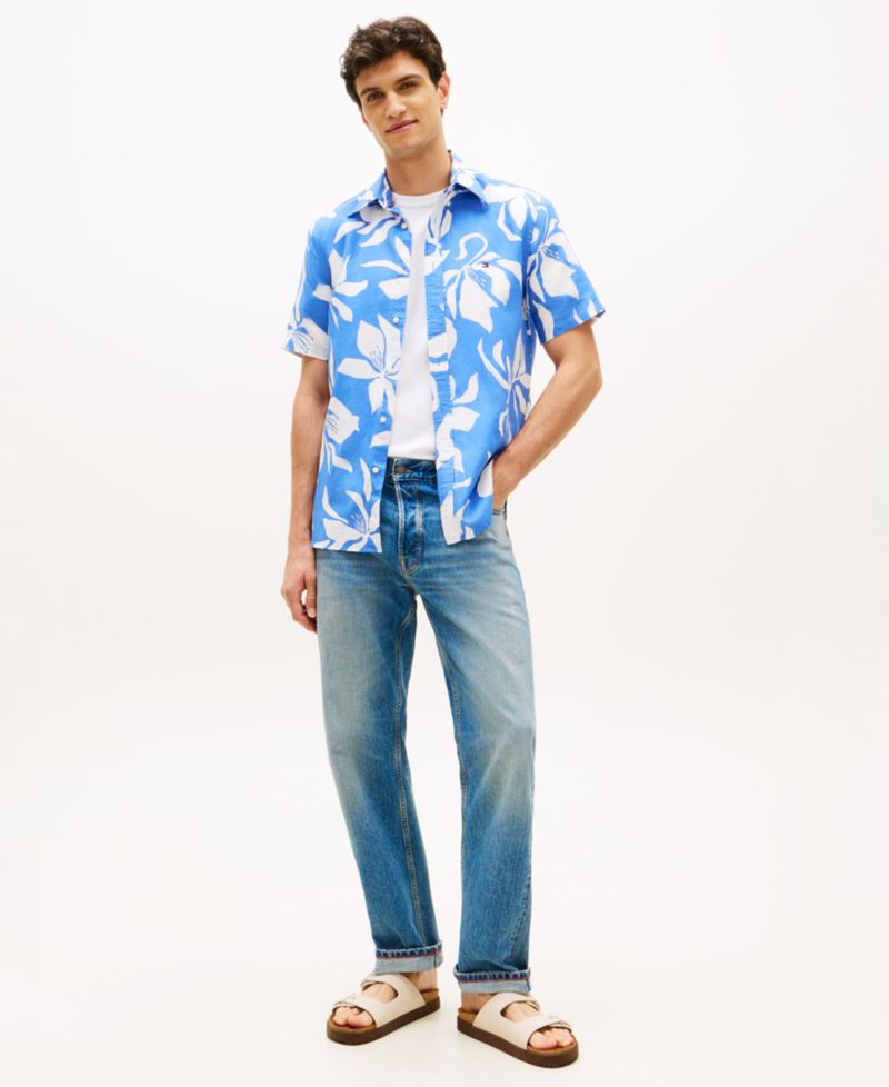 Men's Linen Flower Print Button-Down Shirt