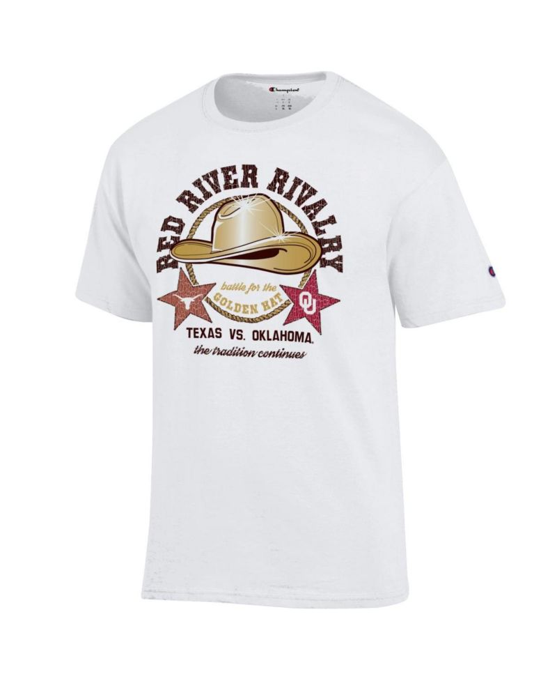 Men's White Texas Longhorns vs. Oklahoma Sooners Red River Rivalry Golden Hat Match Up T-Shirt
