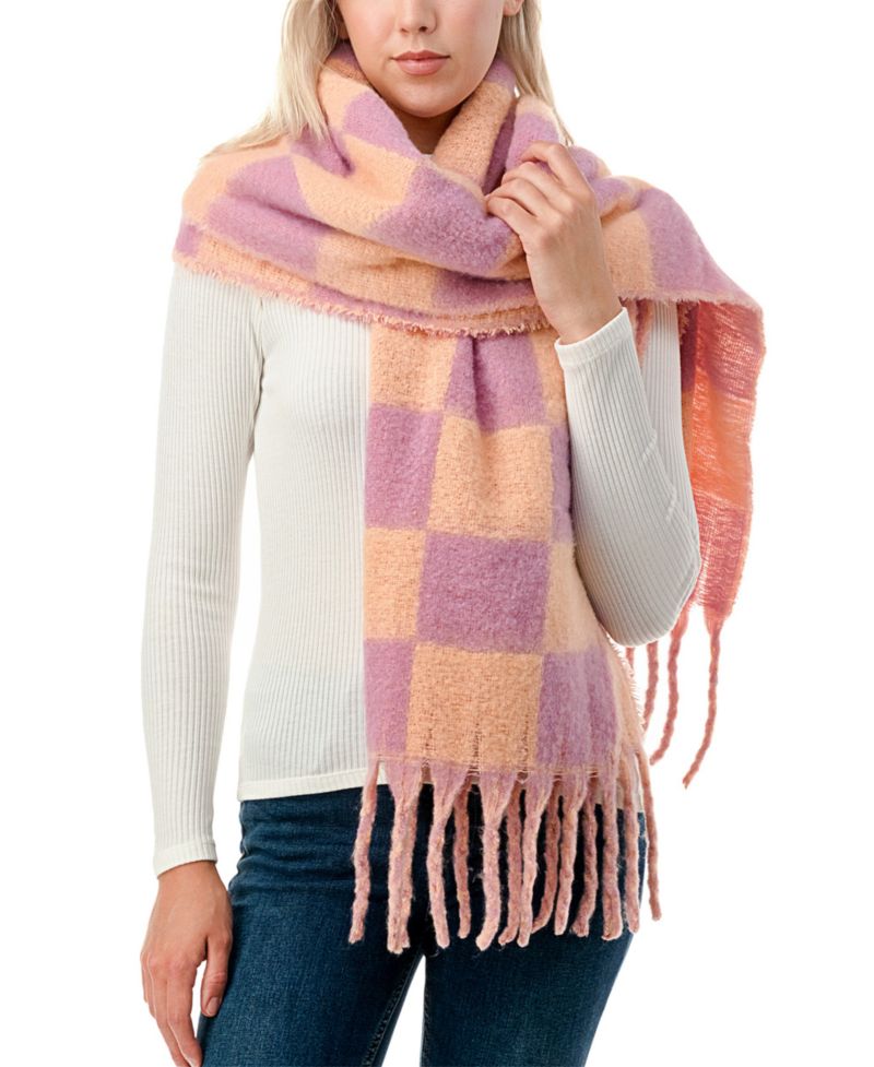 Women's Check Plaid Scarf with Fringe Detail
