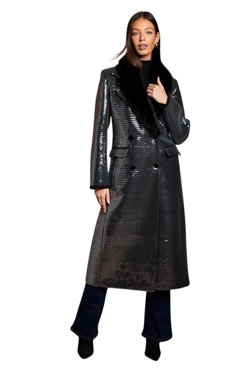 Women's Faux Fur Collar Sequin Longline Coat