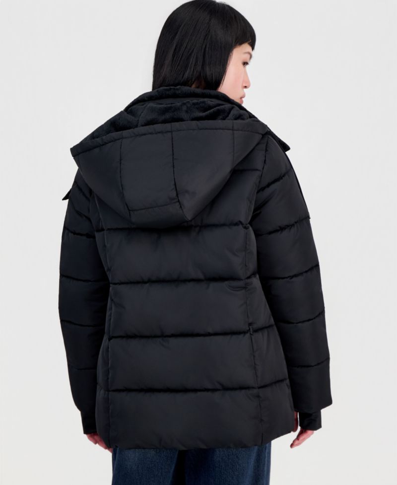 Women's Short Puffer Faux-Fur-Lined Hood Coat
