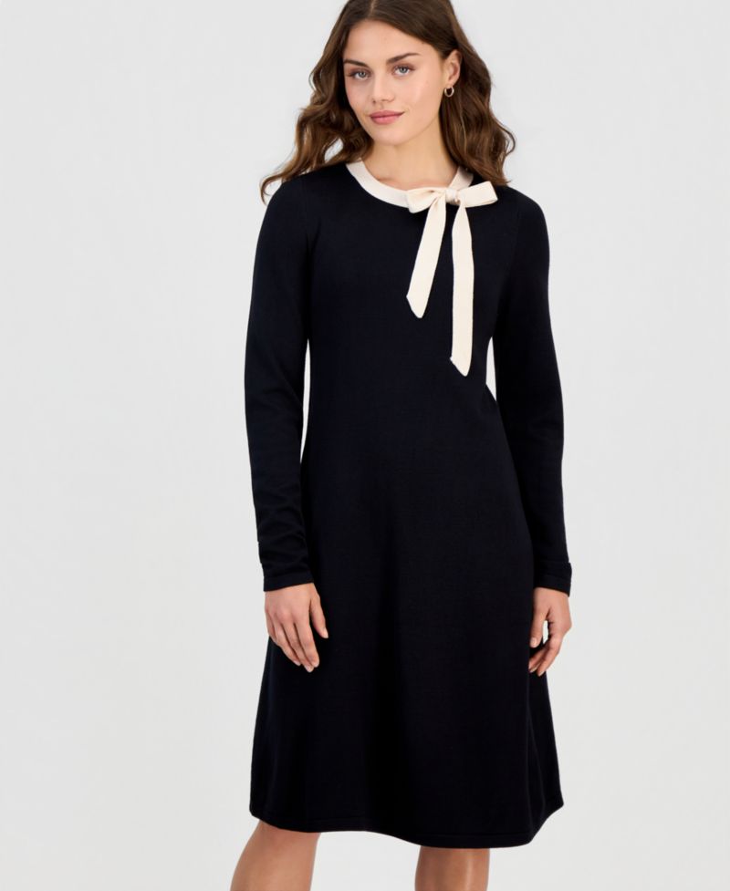 Petite Bow-Trim-Neck Long-Sleeve Glitter Sweater Dress