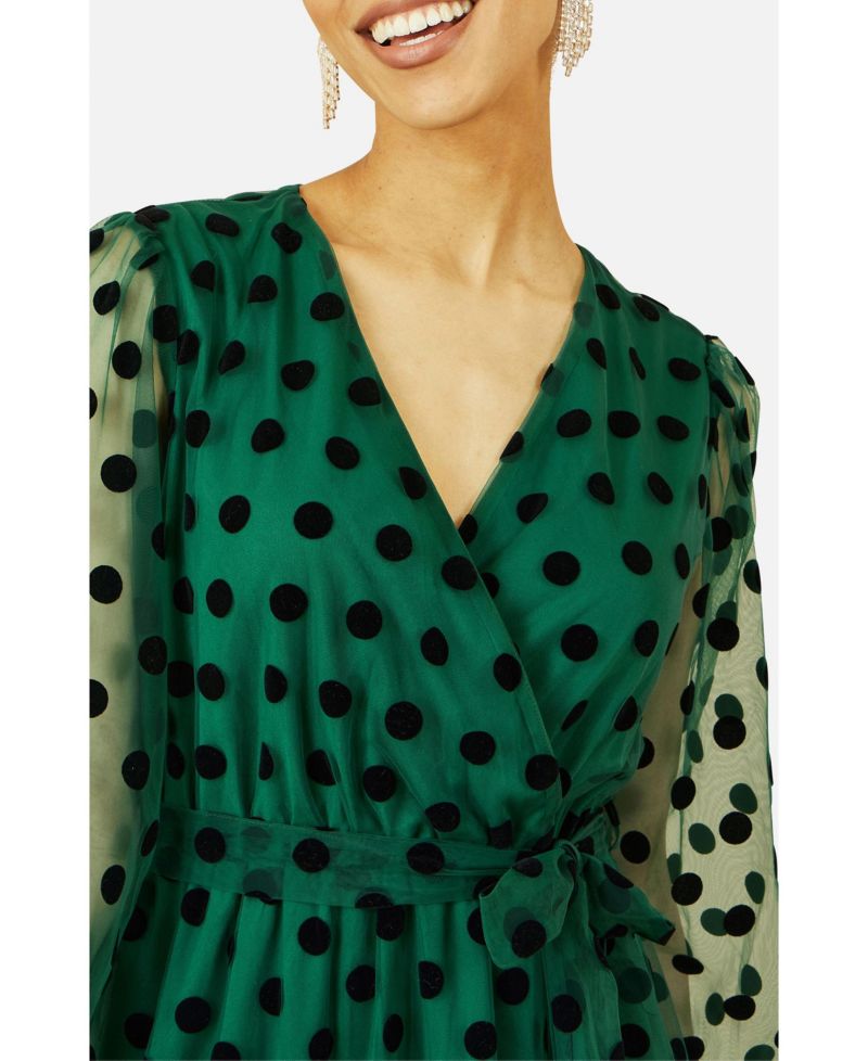 Women's Spot Mesh Wrap Midi Skater Dress