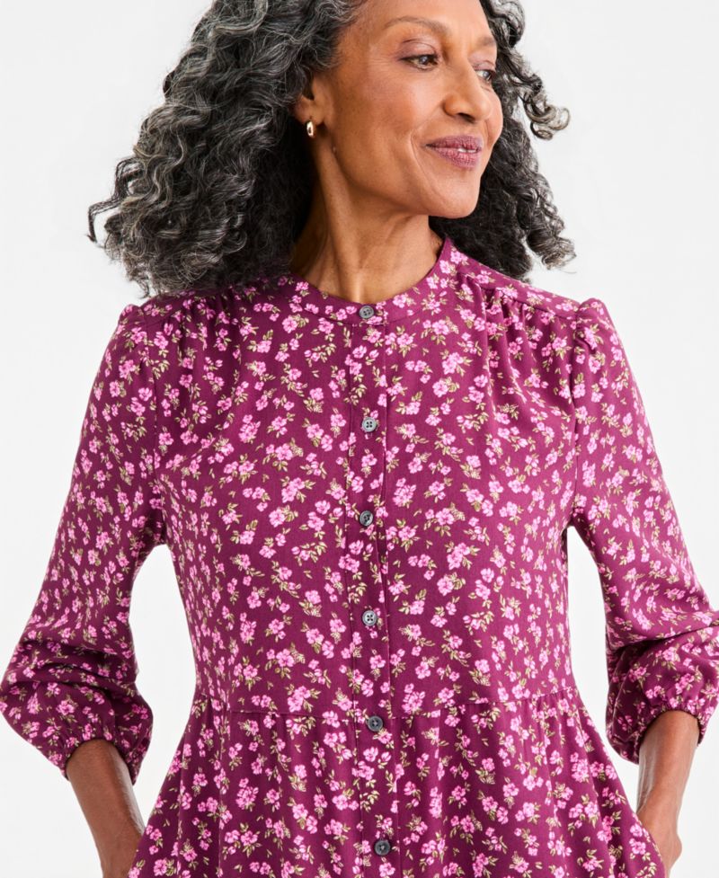 Women's Printed Long-Sleeve Tiered Midi Dress