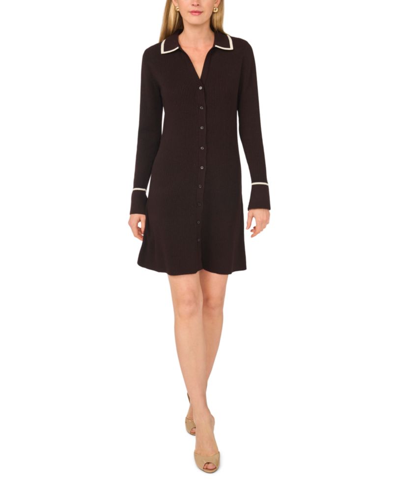 Women's Long-Sleeve Button-Front Fit-and-Flare Sweater Dress