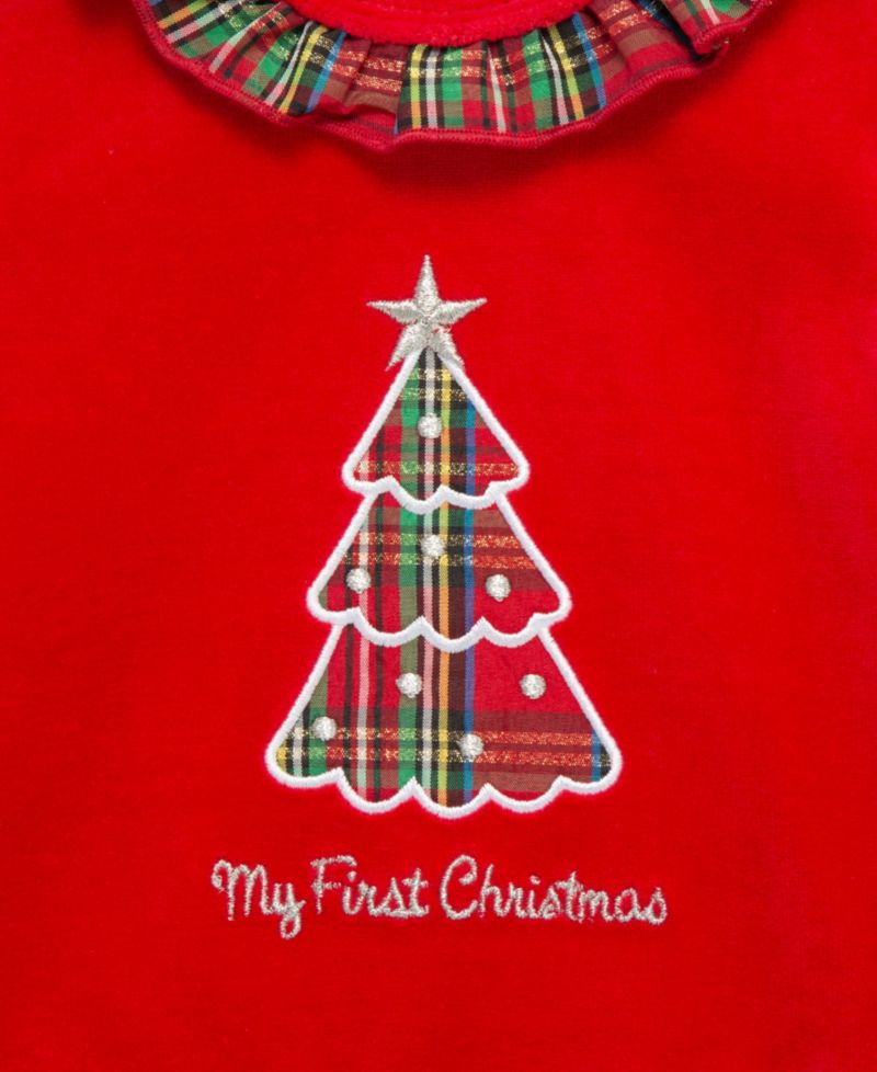 Baby Girls' Embroidered Plaid Christmas Tree Velour Top and Pants, 2-Piece Set