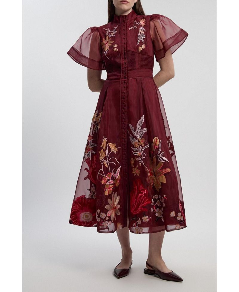 Women's Embroidered Short Sleeve Midi Dress