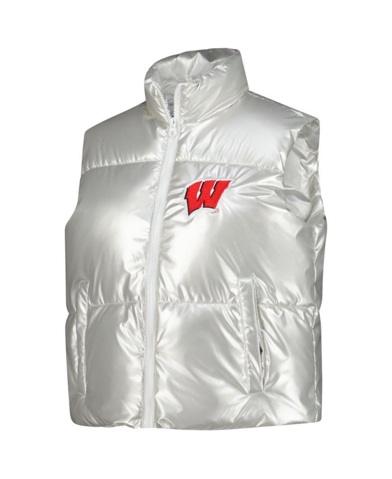Women's Silver Wisconsin Badgers Metallic Cropped Full-Zip Sleeveless Puffer Vest