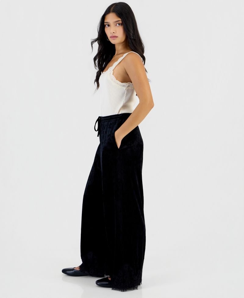 Petite Velvet Lace-Trim Wide-Leg High-Rise Pants