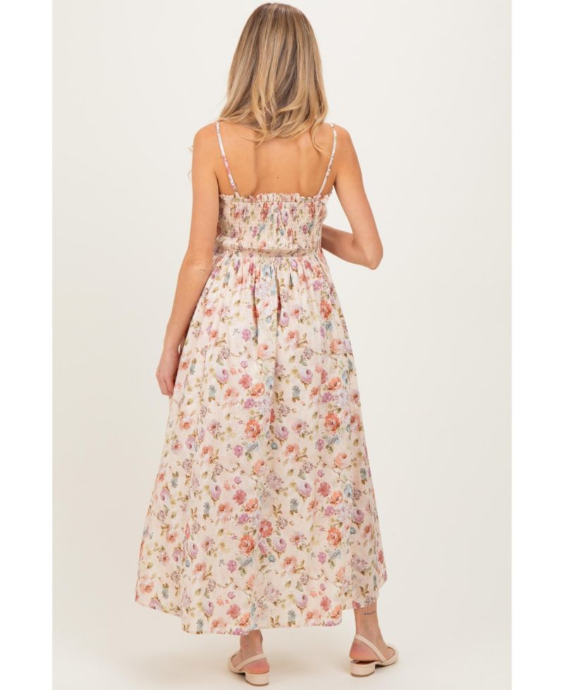 Women's Cream Floral Smocked Ruffle Detail Midi Dress