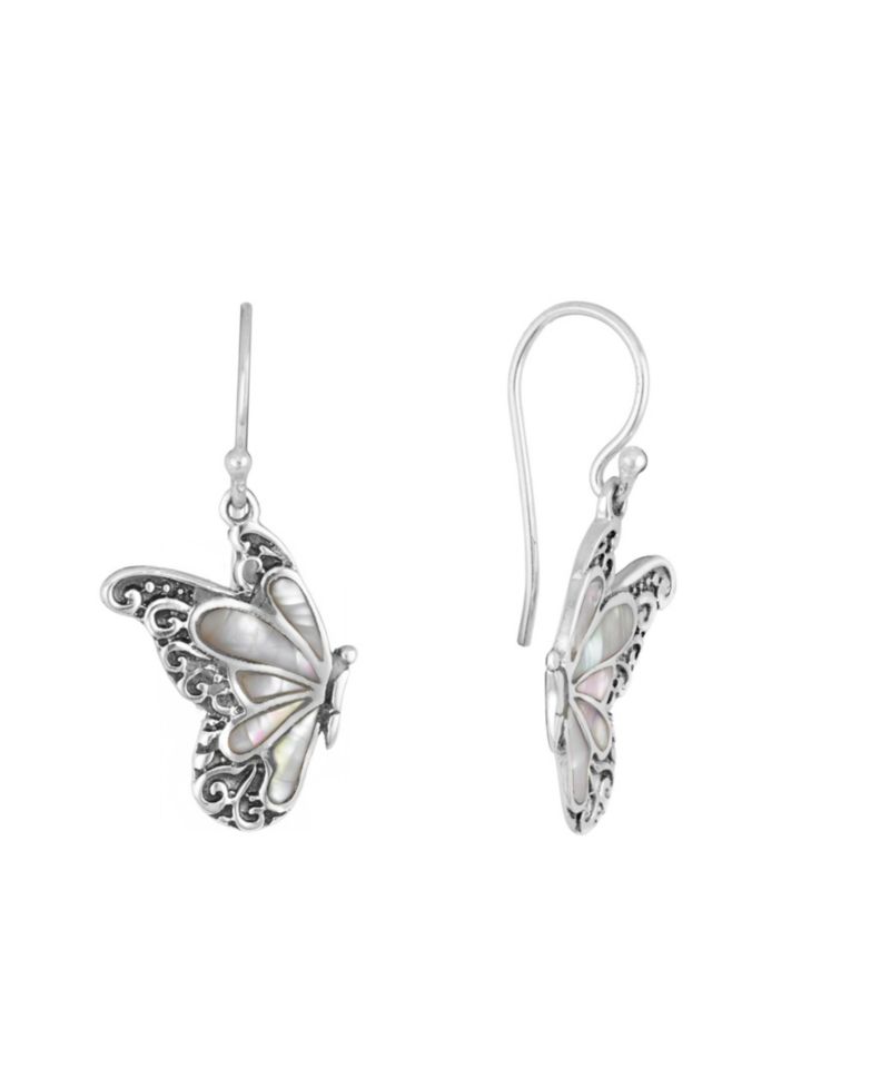 Sterling Silver Abalone or Mother of Pearl Oxidized Butterfly Drop Earrings