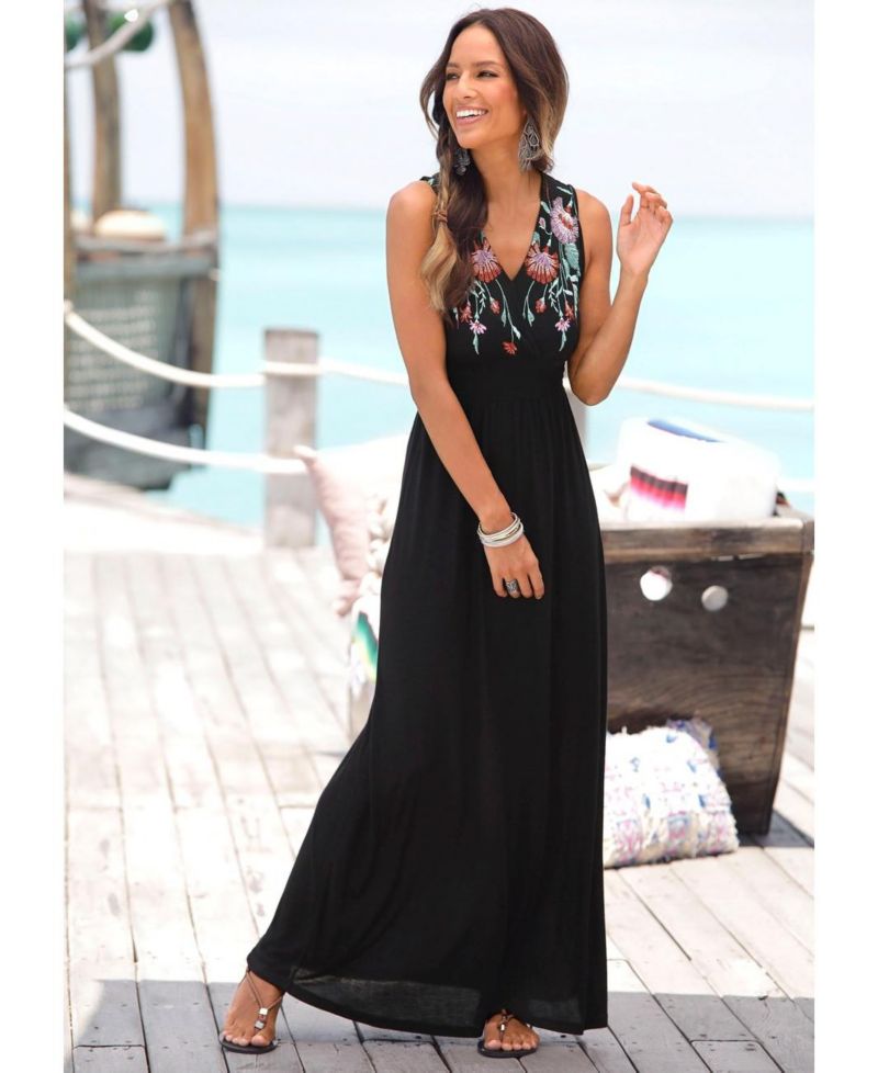 Women's Viscose Floral Print Embroidered Column V-Neck Maxi Dress