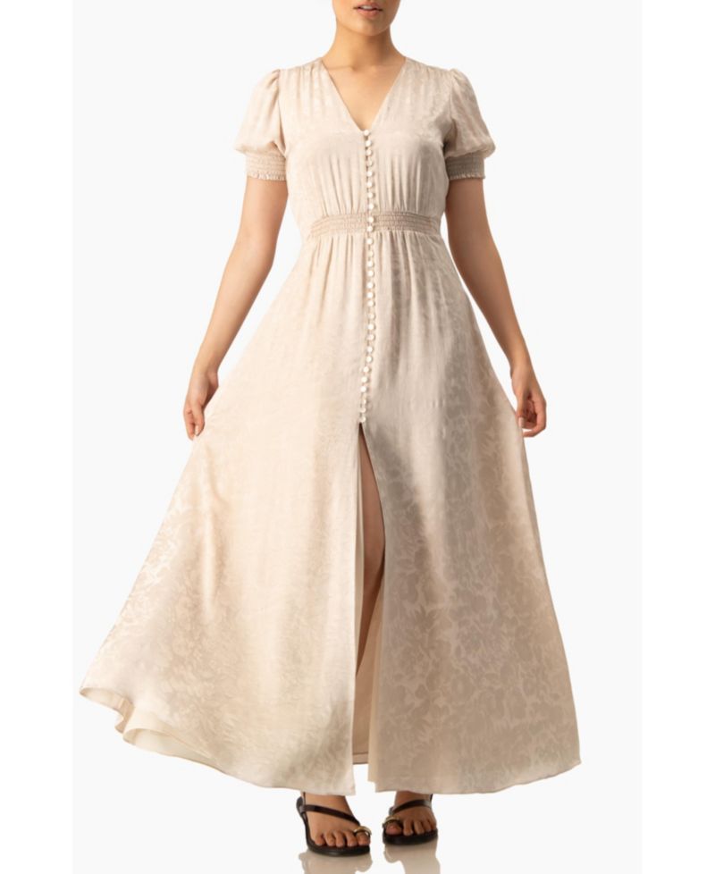 Women's Jacquard Satin Button-Front Maxi Dress with Puff Sleeve and Smocked Waist