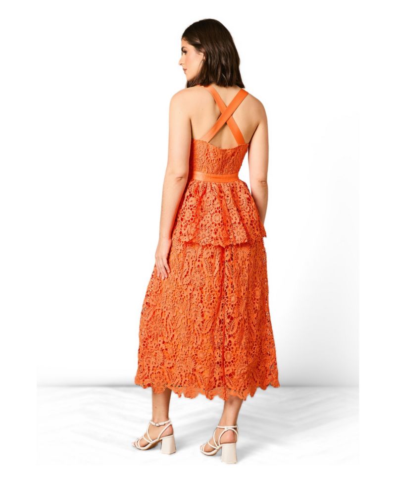 Women's Cross Strap Tiered Lace Midi Dress