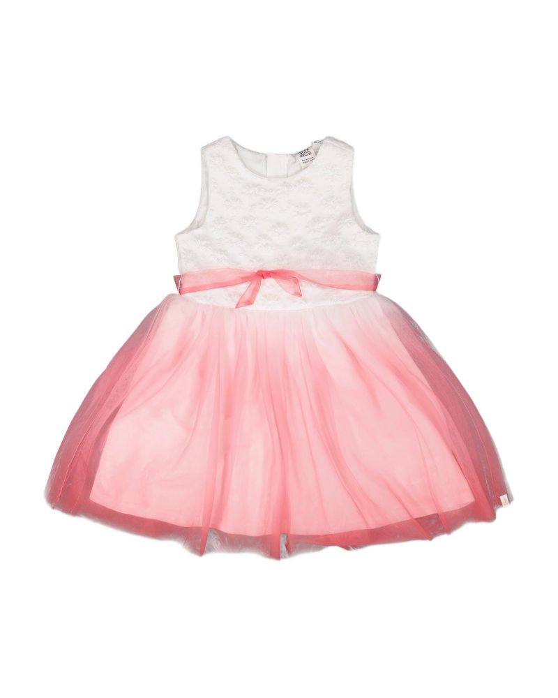 Big Girls Bi-Material Pleated Mesh Dress White and Pink