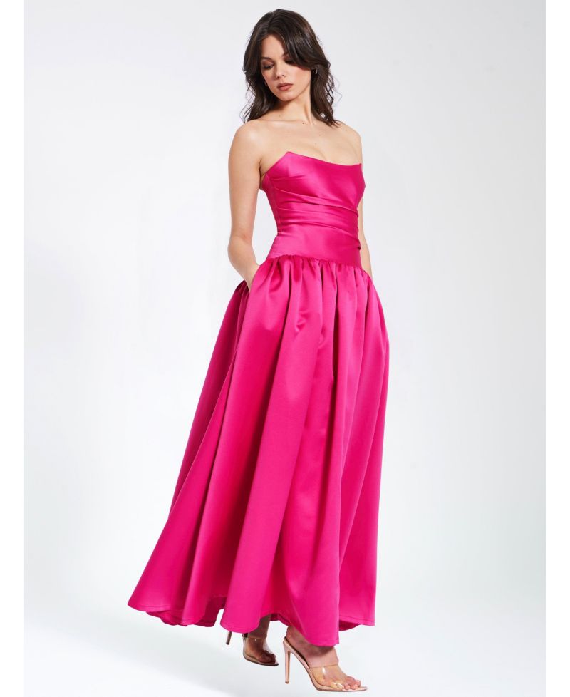 Women's Walterina Fuchsia Satin Strapless Drop Waist Corset Gown