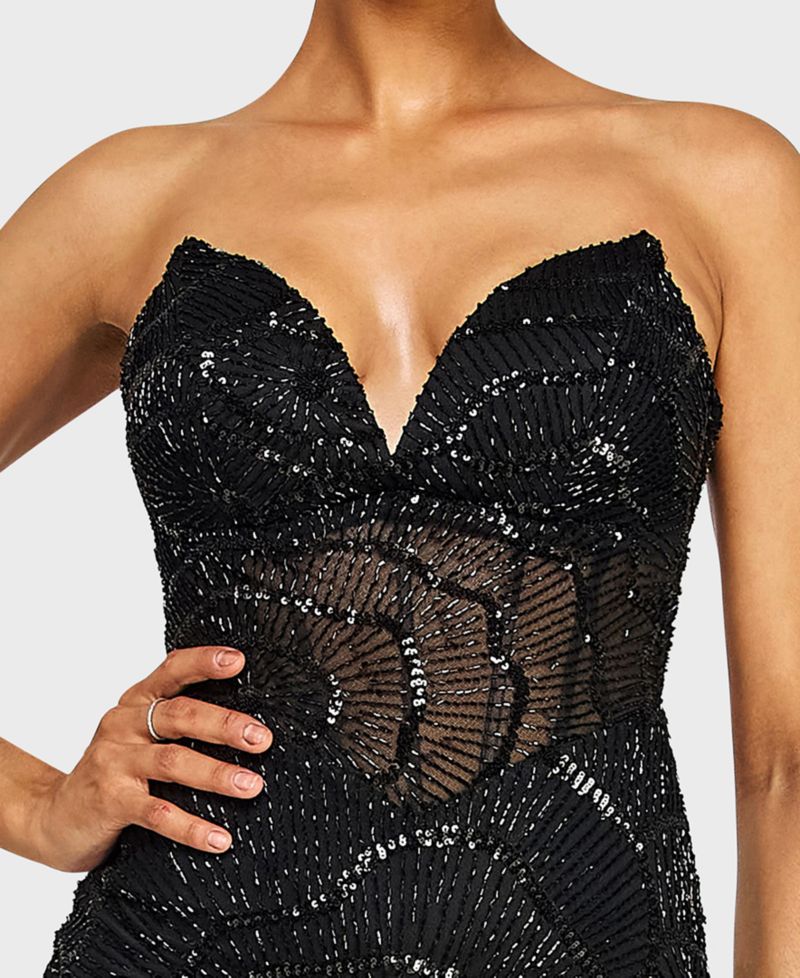 Juniors' Strapless V-Neck Sequin Beaded Mini Dress with Illusion Corset