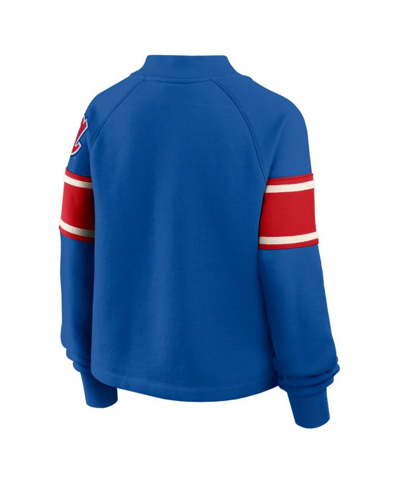 Women's Royal Atlanta Braves Oversized Toss Sweep Raglan Pullover Sweatshirt